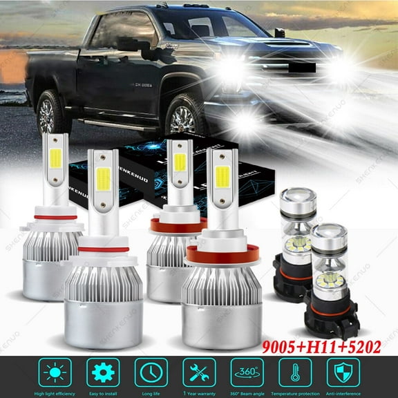 For Silverado 1500 2500 3500 2007-2019 Headlights 9005 H11 LED High and Low Beam+5202 Fog Light 6pc