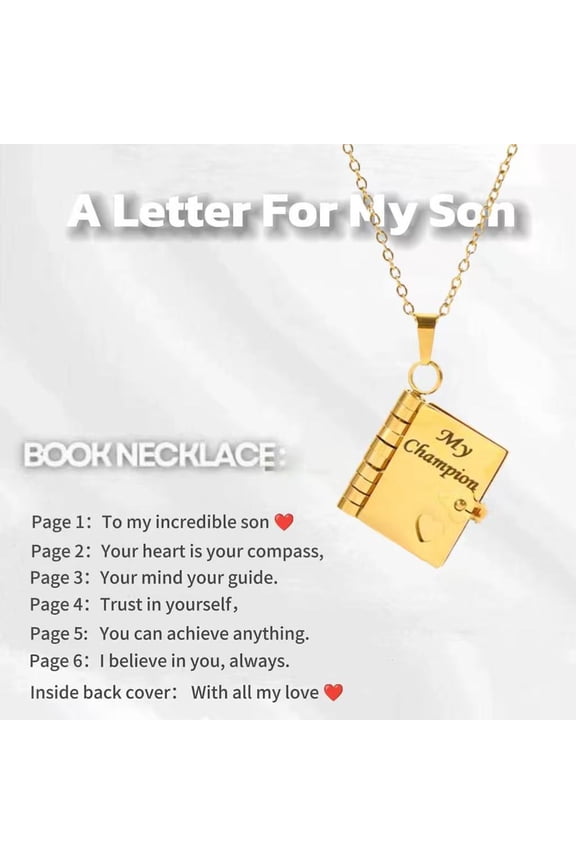 For Son - My Champion Book Necklace Openable Pages Engraved Letter Stainless Steel Necklace Engraved Hidden Message Necklace