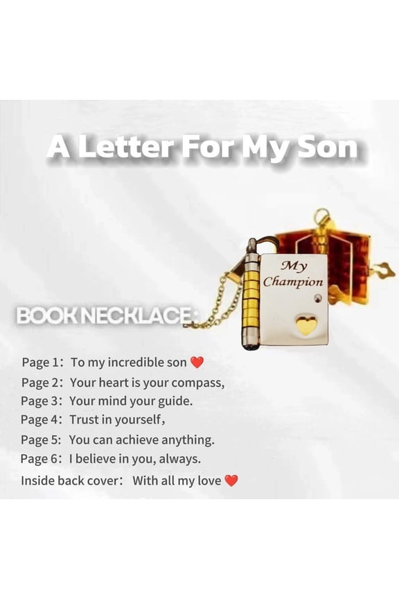 For Son - My Champion Book Necklace Openable Pages Engraved Letter Stainless Steel Necklace Engraved Hidden Message Necklace