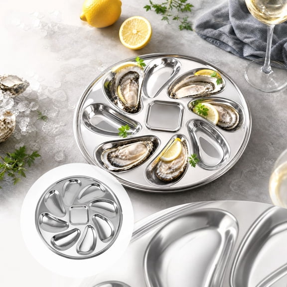 For Stainless Steel Oyster Plate with 9 Slots, Seafood Serving Tray Shellfish and Sauces, Dishwasher Safe Restaurant or Home Use