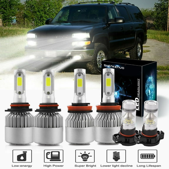 For Suburban 1500 2007-2014 Headlights,9005 HB3 Hight Beam+H11 Low Beam Bulbs+5202/PS24W Fog light