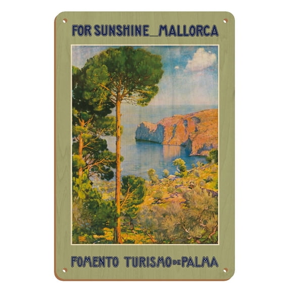 For Sunshine Majorca (Mallorca) Spain - Mediterranean Balearic Islands - Vintage Travel Poster by Erwin Hubert c.1950 - 8 x 12 inch Vintage Wood Art Sign