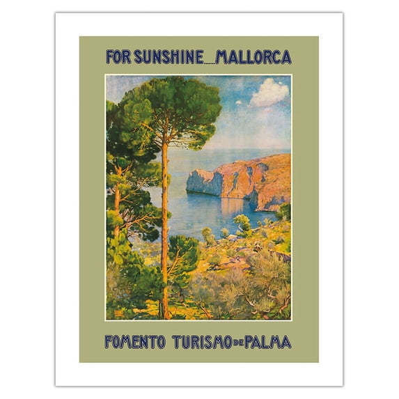 For Sunshine Majorca (Mallorca) Spain - Mediterranean Balearic Islands - Vintage Travel Poster by Erwin Hubert c.1950 - Bamboo Fine Art 290gsm Paper (Unframed) 17x22in