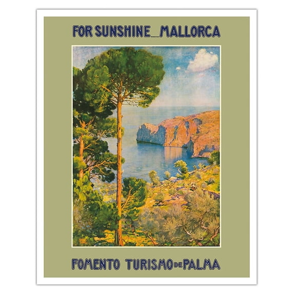For Sunshine Majorca (Mallorca) Spain - Mediterranean Balearic Islands - Vintage Travel Poster by Erwin Hubert c.1950 - Fine Art Matte Paper Print (Unframed) 16x20in