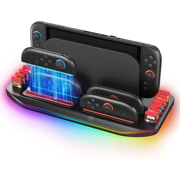 For Switch 2 Charging Dock with RGB Lights & Game Holder, Magnetic Fast Charge Gaming Station, 12-in-1 Game Card Storage and Original Dock Storage
