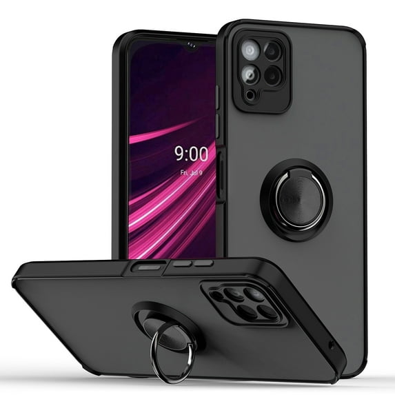 For T-Mobile REVVL 6 Pro 5G Impact Metal Ring Holder Stand Magnetic Car Mount Protective Hybrid Case Cover Black