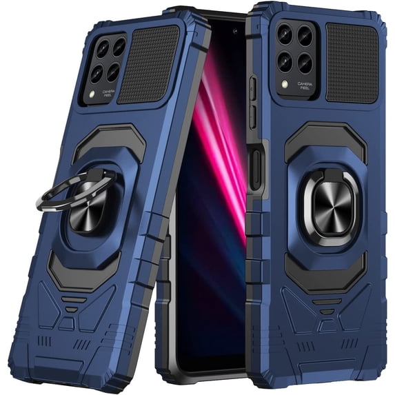 For T-Mobile REVVL 6 Pro 5G TMAF035G Robotic Kickstand Cover Phone Case + Tempered Glass - Blue