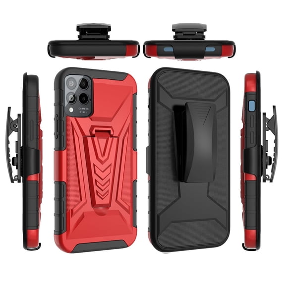 For T-Mobile REVVL 6x Pro 5G TMRV06P5G Holster Kickstand Hybrid Cover Cell Phone Case + Tempered Glass - Red