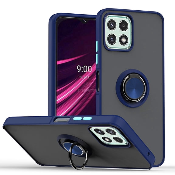 For T-Mobile REVVL 7 5G Impact Metal Ring Holder Stand Magnetic Car Mount Protective Hybrid Case Cover Blue