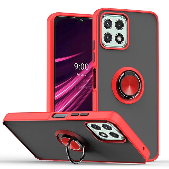 For T-Mobile REVVL 7 5G Impact Metal Ring Holder Stand Magnetic Car Mount Protective Hybrid Case Cover Red