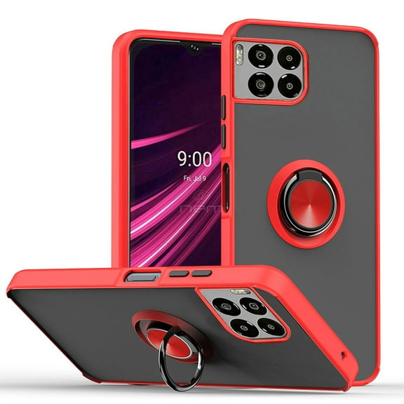 For T-Mobile REVVL 7 Pro 5G Impact Metal Ring Holder Stand Magnetic Car Mount Protective Hybrid Case Cover Red