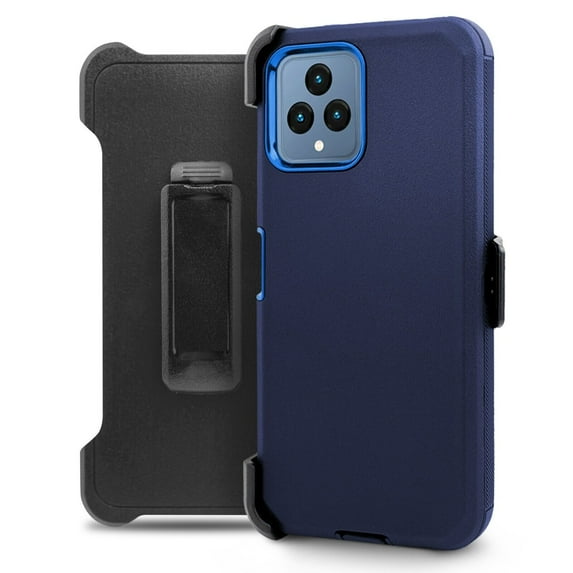 For T-Mobile Revvl 6 5G Heavy Duty Protection Holster Belt Clip Case Cover With Built in Screen - Navy