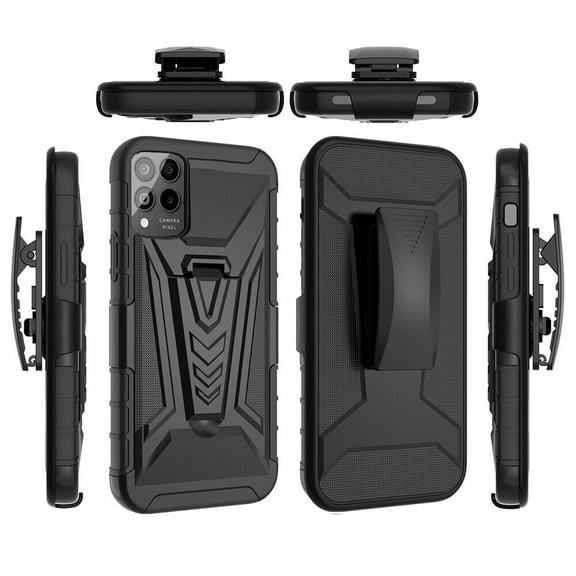 For T-Mobile Revvl 6 PRO Case Holster Belt Clip Kickstand Design Phone Cover With Free Tempered Glass Screen Protector - Black
