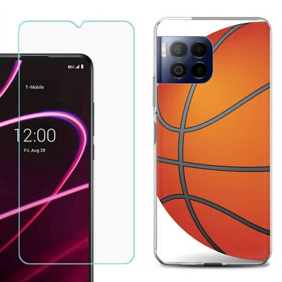 For T-Mobile Revvl 7 Pro 5G Phone Case, Shockproof Case Cover with Tempered Glass Screen Protector, by OneToughShield - Basketball