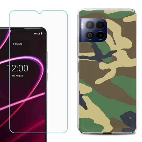 For T-Mobile Revvl 7 Pro 5G Phone Case, Shockproof Case Cover with Tempered Glass Screen Protector, by OneToughShield - Camo Green