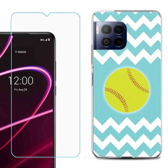 For T-Mobile Revvl 7 Pro 5G Phone Case, Shockproof Case Cover with Tempered Glass Screen Protector, by OneToughShield - Chevron/Softball