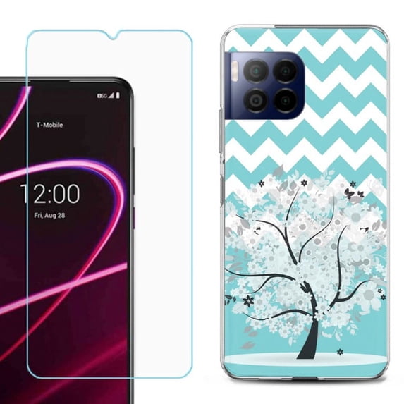 For T-Mobile Revvl 7 Pro 5G Phone Case, Shockproof Case Cover with Tempered Glass Screen Protector, by OneToughShield - Chevron/Tree