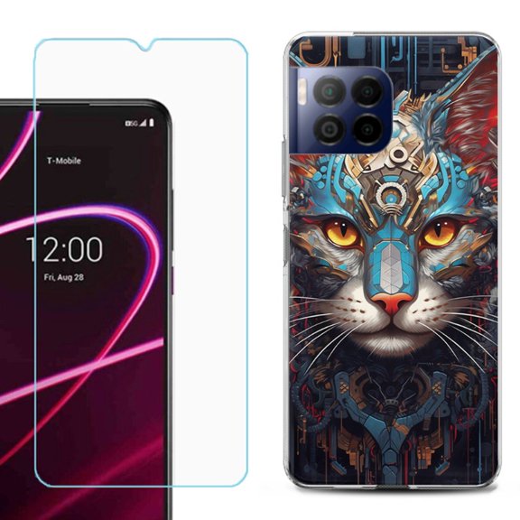 For T-Mobile Revvl 7 Pro 5G Phone Case, Shockproof Case Cover with Tempered Glass Screen Protector, by OneToughShield - Cyberpunk Cat