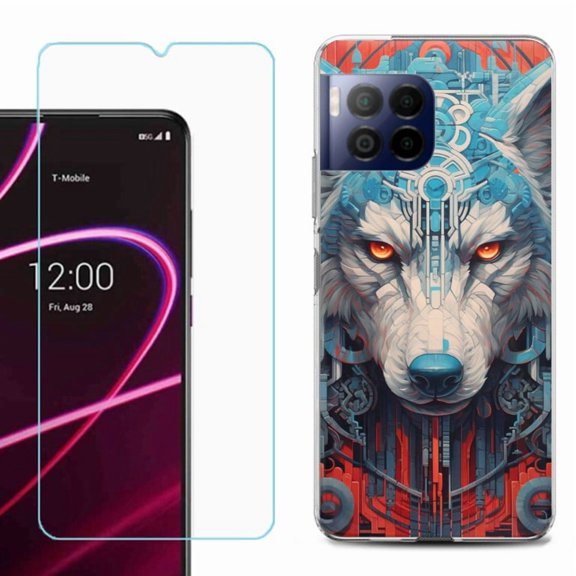 For T-Mobile Revvl 7 Pro 5G Phone Case, Shockproof Case Cover with Tempered Glass Screen Protector, by OneToughShield - Cyberpunk Wolf
