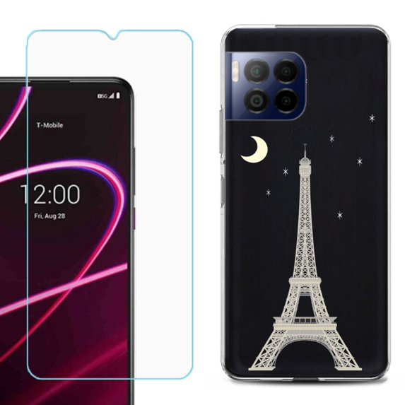 For T-Mobile Revvl 7 Pro 5G Phone Case, Shockproof Case Cover with Tempered Glass Screen Protector, by OneToughShield - Eiffel Tower Moon