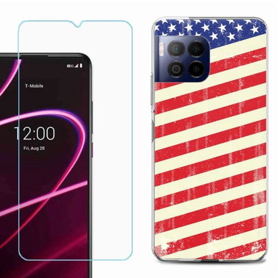 For T-Mobile Revvl 7 Pro 5G Phone Case, Shockproof Case Cover with Tempered Glass Screen Protector, by OneToughShield - Flag / USA