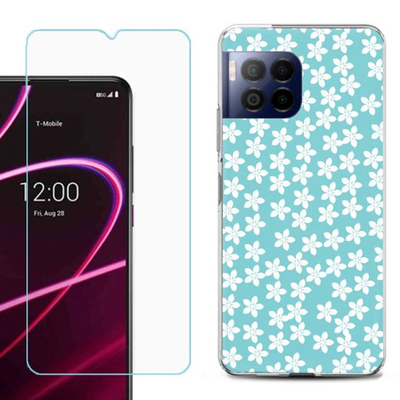 For T-Mobile Revvl 7 Pro 5G Phone Case, Shockproof Case Cover with Tempered Glass Screen Protector, by OneToughShield - Flower/Teal