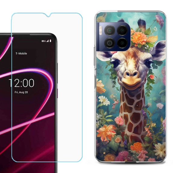 For T-Mobile Revvl 7 Pro 5G Phone Case, Shockproof Case Cover with Tempered Glass Screen Protector, by OneToughShield - Giraffe Flower