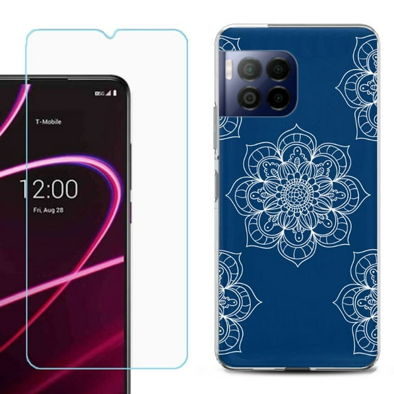 For T-Mobile Revvl 7 Pro 5G Phone Case, Shockproof Case Cover with Tempered Glass Screen Protector, by OneToughShield - Mandala / Blue