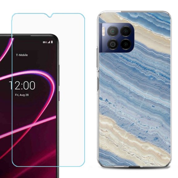 For T-Mobile Revvl 7 Pro 5G Phone Case, Shockproof Case Cover with Tempered Glass Screen Protector, by OneToughShield - Marble/ Marina Blue