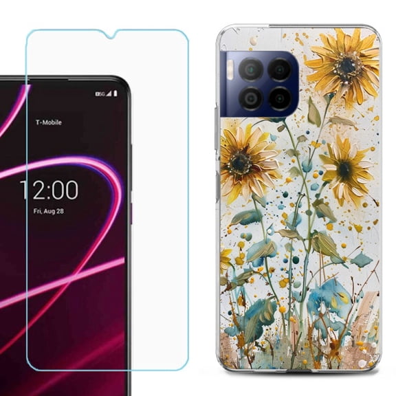 For T-Mobile Revvl 7 Pro 5G Phone Case, Shockproof Case Cover with Tempered Glass Screen Protector, by OneToughShield - Pastel Sunflowers