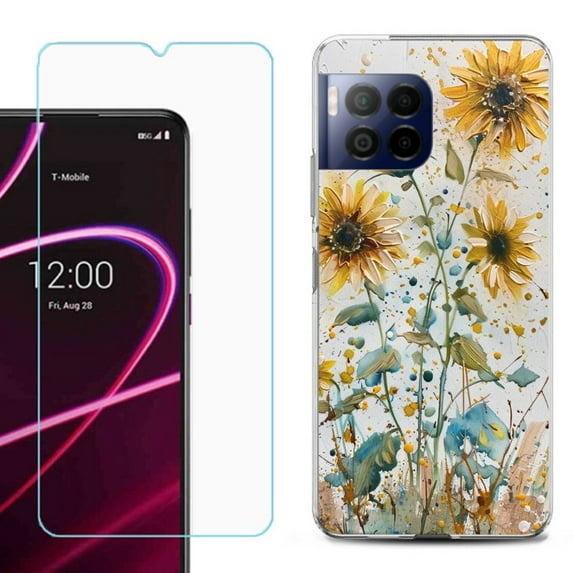For T-Mobile Revvl 7 Pro 5G Phone Case, Shockproof Case Cover with Tempered Glass Screen Protector, by OneToughShield - Pastel Sunflowers