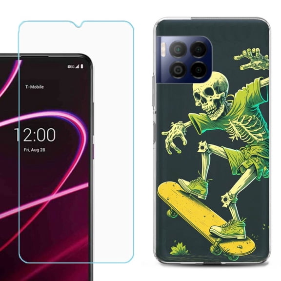 For T-Mobile Revvl 7 Pro 5G Phone Case, Shockproof Case Cover with Tempered Glass Screen Protector, by OneToughShield - Skeleton Skater