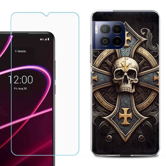 For T-Mobile Revvl 7 Pro 5G Phone Case, Shockproof Case Cover with Tempered Glass Screen Protector, by OneToughShield - Skull Art