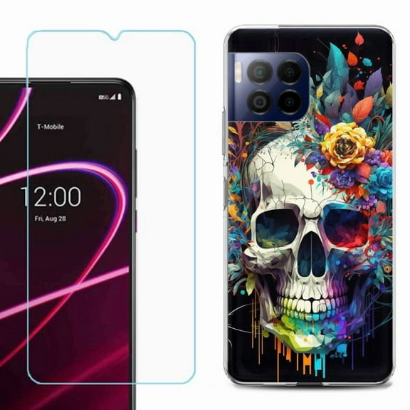 For T-Mobile Revvl 7 Pro 5G Phone Case, Shockproof Case Cover with Tempered Glass Screen Protector, by OneToughShield - Skull Flower