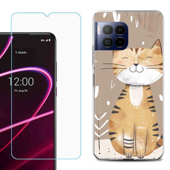 For T-Mobile Revvl 7 Pro 5G Phone Case, Shockproof Case Cover with Tempered Glass Screen Protector, by OneToughShield - Smiling Cat