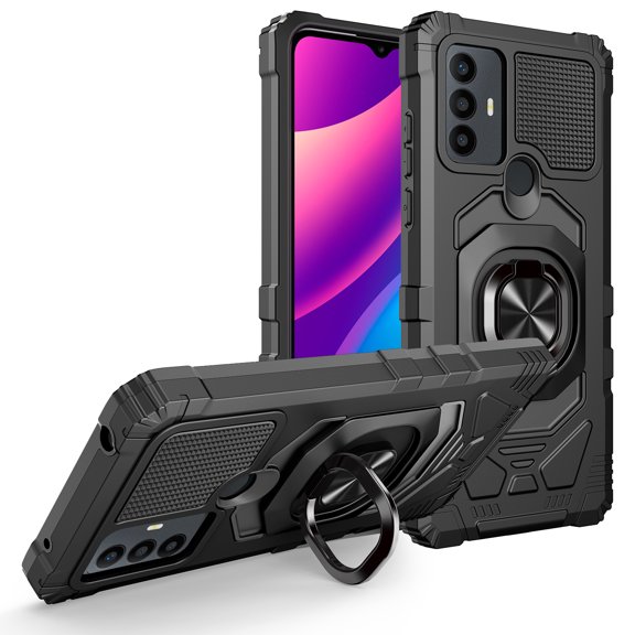 For TCL 30 SE Armor Dual Layer Metal Ring Stand Magnetic Car Mount Hybrid Impact Protective Shockproof Case Cover Black