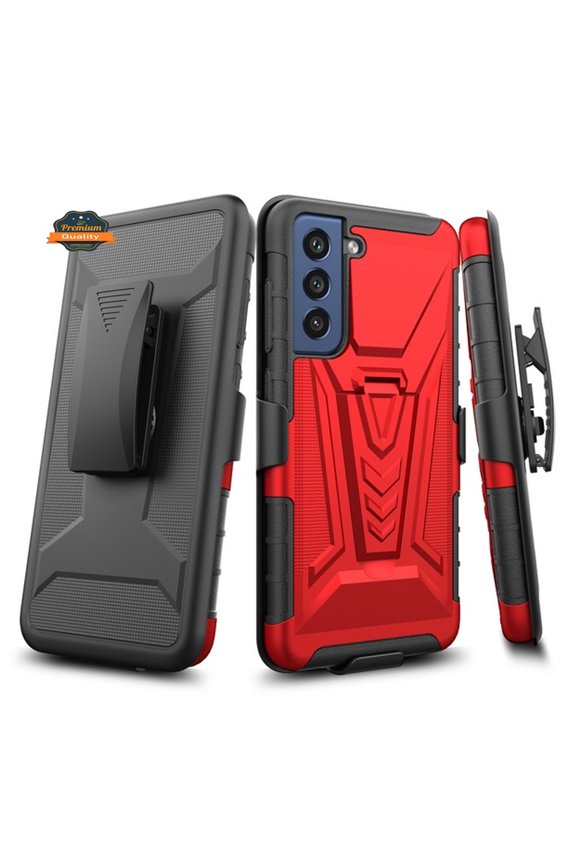 For TCL 30 XE 5G Hybrid Armor Kickstand with Swivel Belt Clip Holster Heavy Duty 3in1 Defender Shockproof TPU Rugged Phone Case Cover by Xpression - Red