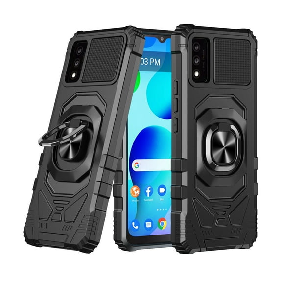 For TCL 30T 30 T Dropproof Shockproof Kickstand Ring Stand Phone Case Cover With Tempered Glass Screen Protector - Black