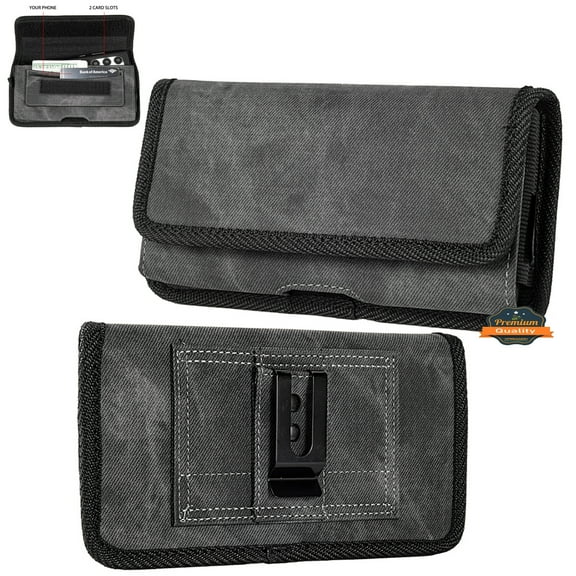 For TCL 30Z / Jet Universal Horizontal Cell Phone Case Fabric Holster Carrying Pouch with Belt Clip and 2 Card Slots fit XLarge Devices - Black Denim