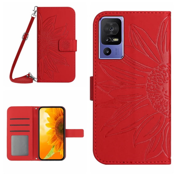 For TCL 40 SE HT04 Skin Feel Sun Flower Embossed Flip Leather Phone Case with Lanyard