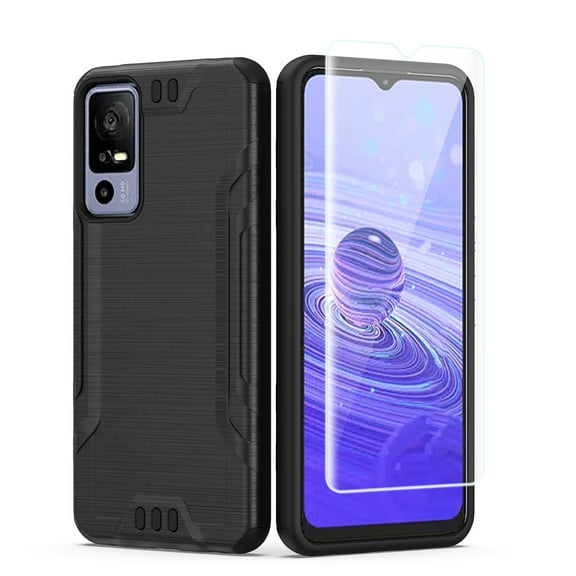 For TCL 40 XE 5G Hybrid Dual Layer Metallic Brush Texture Shockproof Hard PC + TPU Rubber with Screen Protector Cover ,Xpm Phone Case [ Black ]