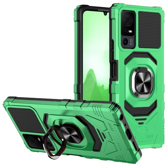 For TCL 40 XL T608M Robotic Ring Kickstand Phone Case + Tempered Glass - Green