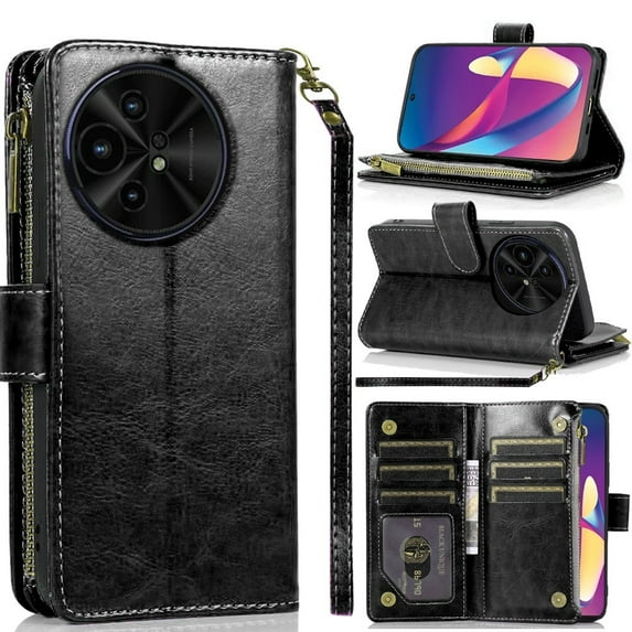 For TCL 50 XL 5G Luxury Wallet Card ID Zipper Money Holder Case Cover - Black