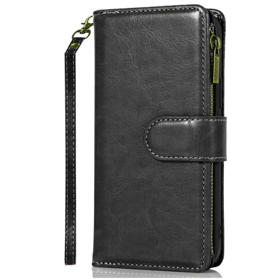 For TCL K11 Luxury Wallet Card ID Zipper Money Holder Case Cover - Black