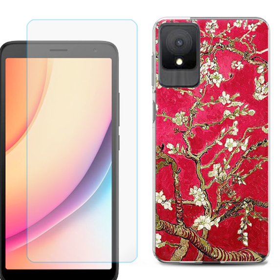 For TCL K11 Phone Case Cover, Shockproof Case with Tempered Glass Screen Protector, by OneToughShield - Almond Blossom Red