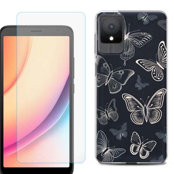 For TCL K11 Phone Case Cover, Shockproof Case with Tempered Glass Screen Protector, by OneToughShield - Butterfly BW
