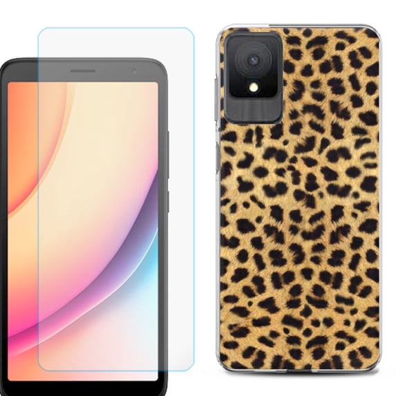 For TCL K11 Phone Case Cover, Shockproof Case with Tempered Glass Screen Protector, by OneToughShield - Cheetah Gold/Black