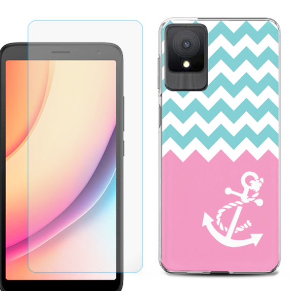 For TCL K11 Phone Case Cover, Shockproof Case with Tempered Glass Screen Protector, by OneToughShield - Chevron/Anchor