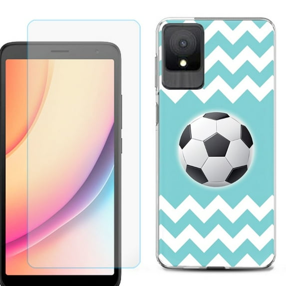 For TCL K11 Phone Case Cover, Shockproof Case with Tempered Glass Screen Protector, by OneToughShield - Chevron/Soccer