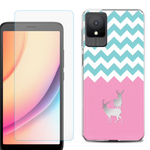 For TCL K11 Phone Case Cover, Shockproof Case with Tempered Glass Screen Protector, by OneToughShield - Chevron/Teal/Deer